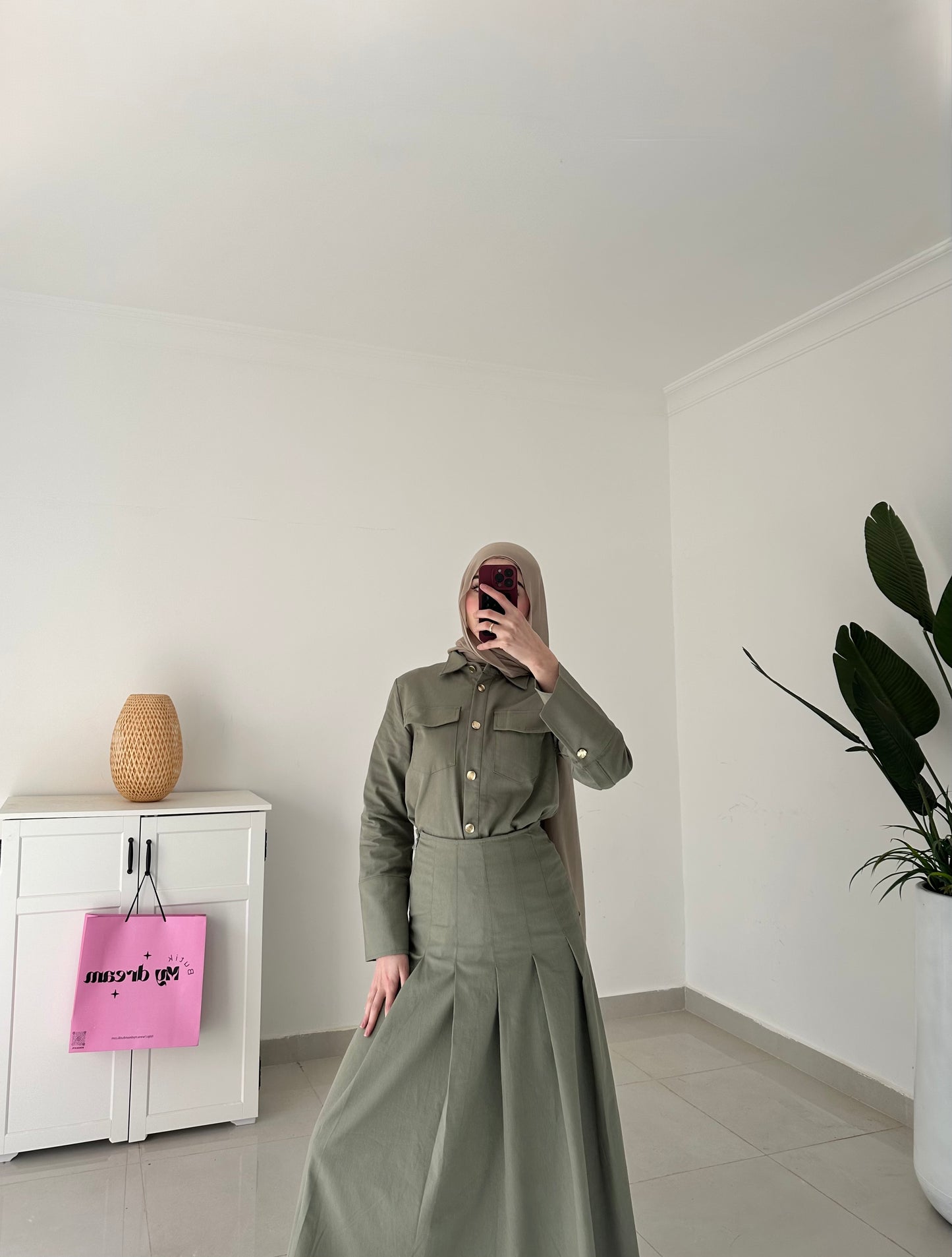 Drop Waist Pleated Skirt Set- Green