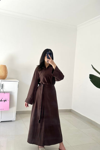 Linen Tie Skirt Set- Brown