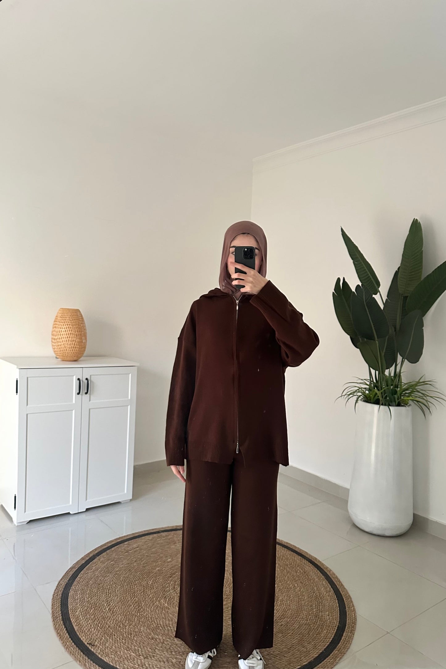 Knit Hooded Cardigan Set- Brown