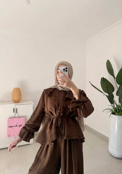 Ruffles Details Wide Leg Pants Set- Brown