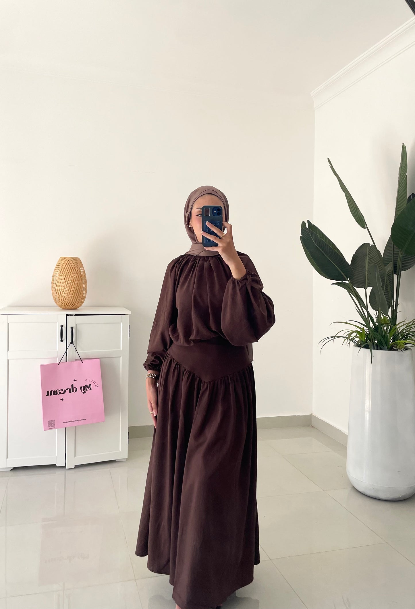 Waisted Skirt Set-Brown