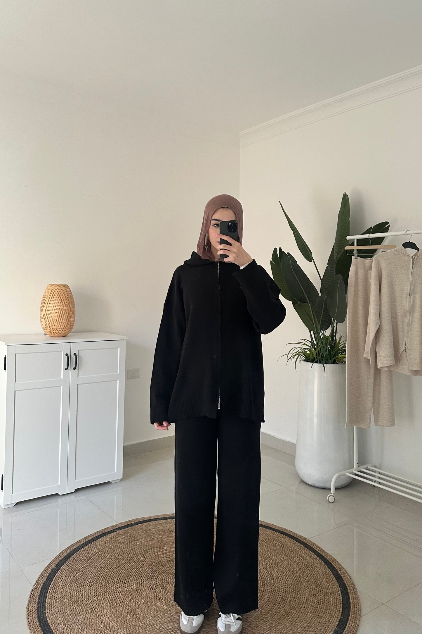 Knit Hooded Cardigan Set- Black