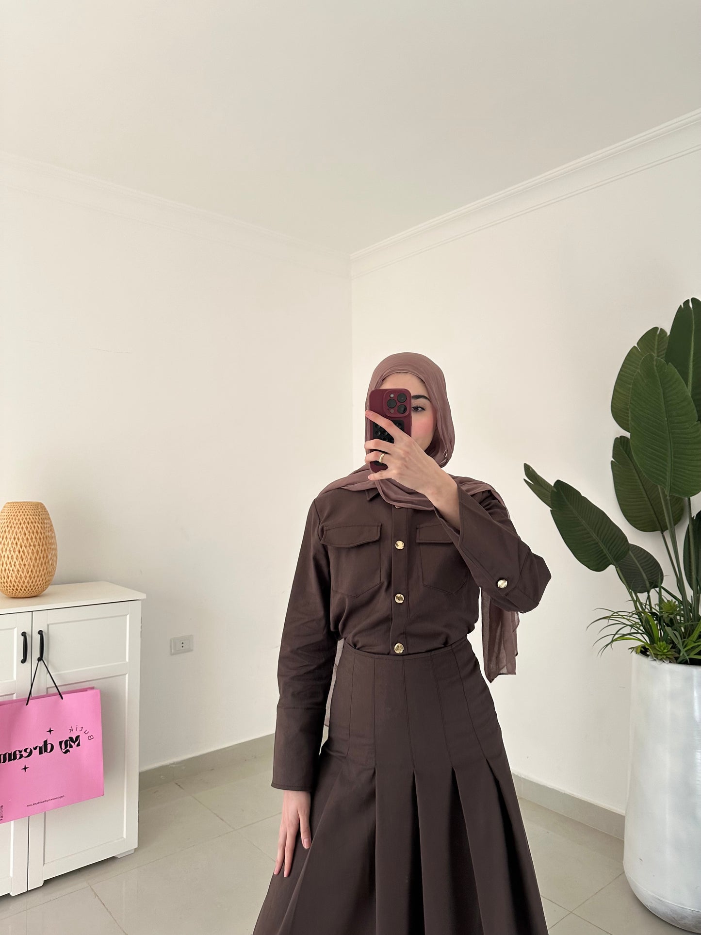 Drop Waist Pleated Skirt- Brown