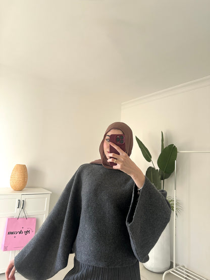 Batwing Sleeve Oversized Sweater- Gray