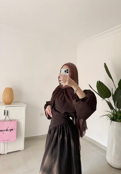Lantern Sleeve Skirt Set- Brown