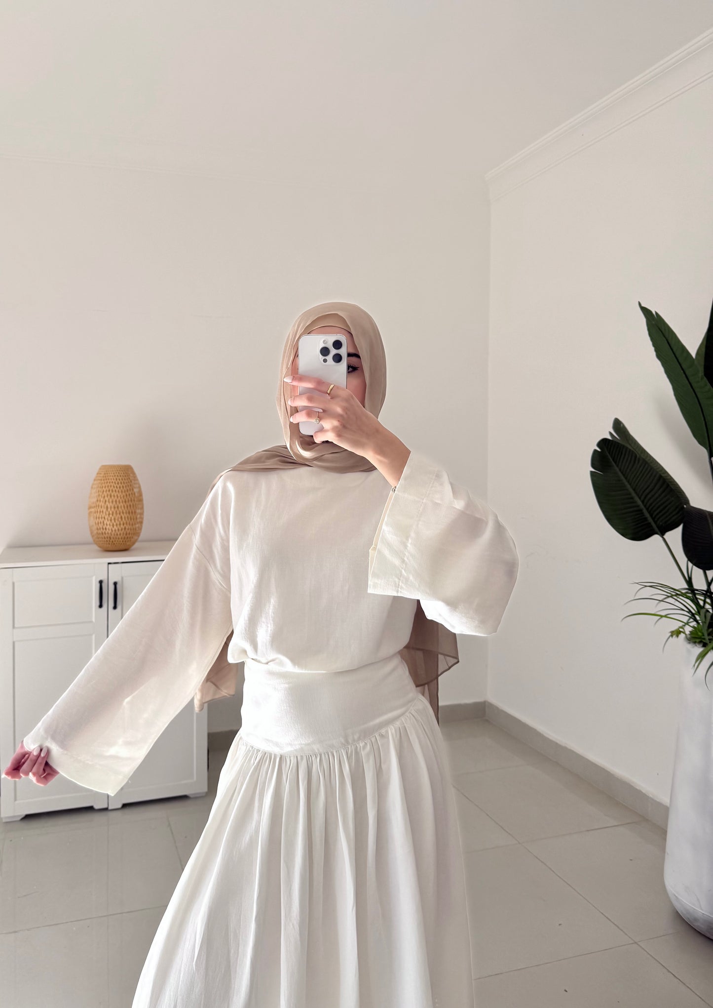 Drop Waist Linen Skirt Set- White