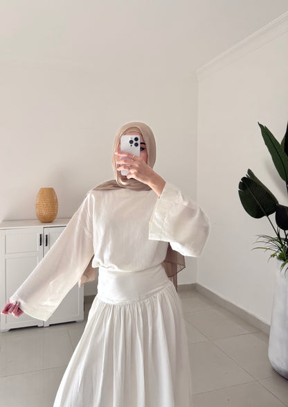 Drop Waist Linen Skirt Set- White