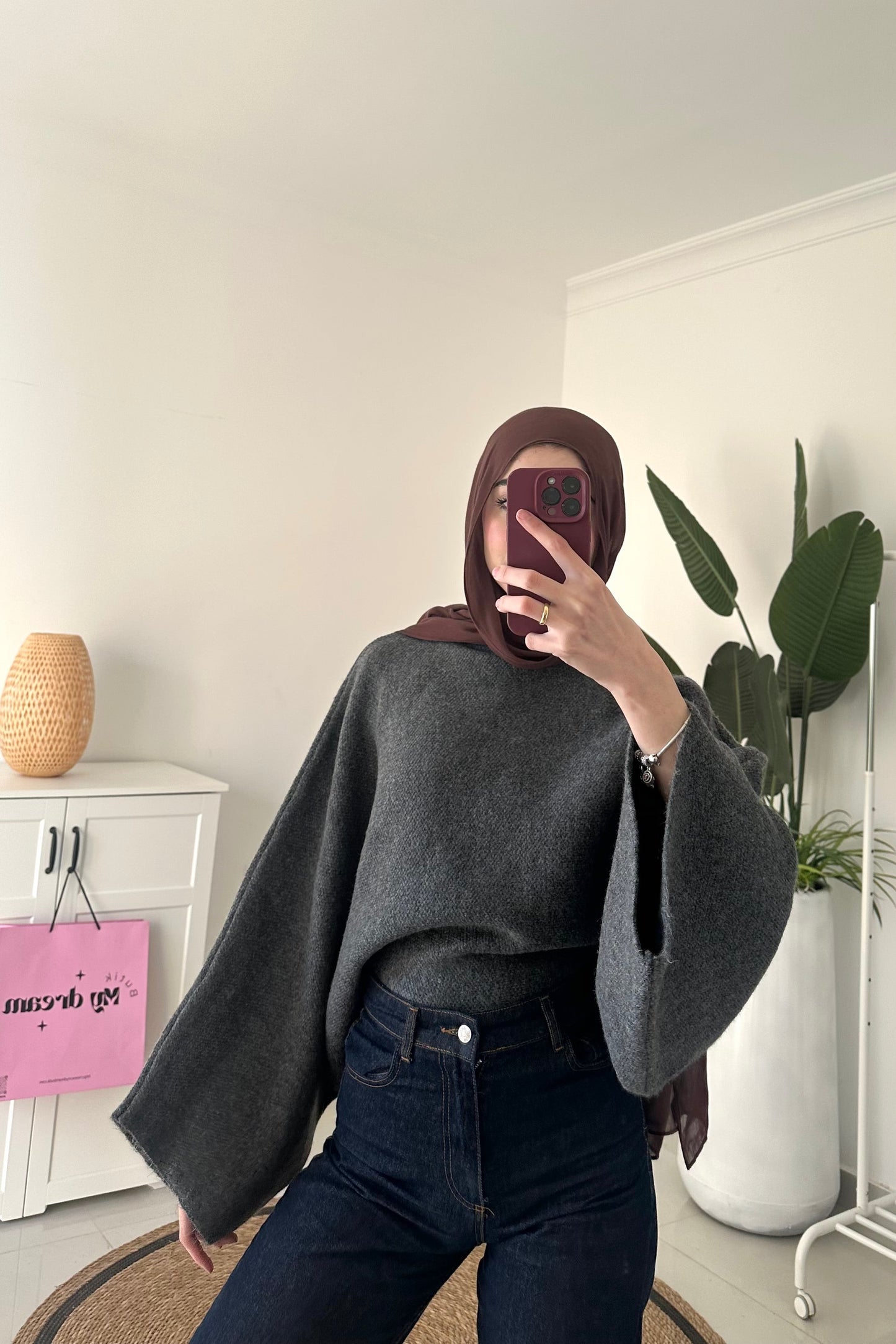 Batwing Sleeve Oversized Sweater- Gray