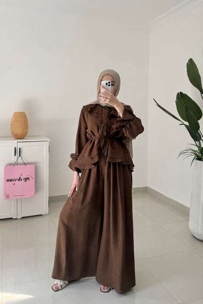 Ruffles Details Wide Leg Pants Set- Brown