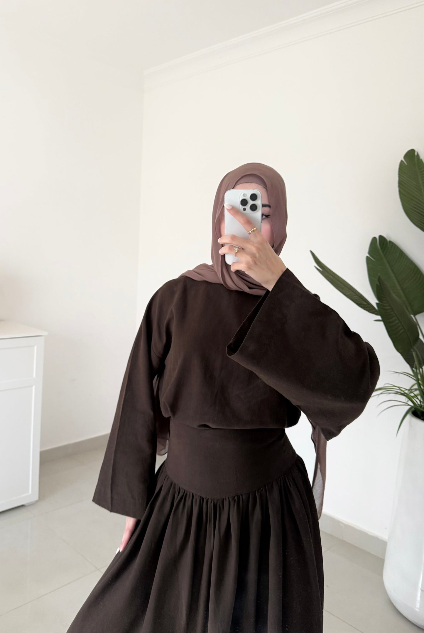 Drop Waist Linen Skirt Set- Brown
