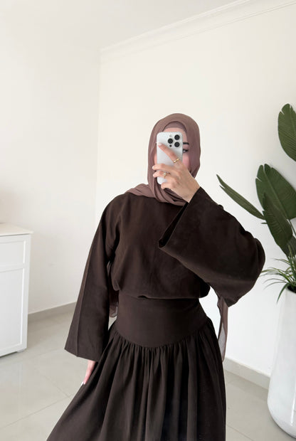 Drop Waist Linen Skirt Set- Brown