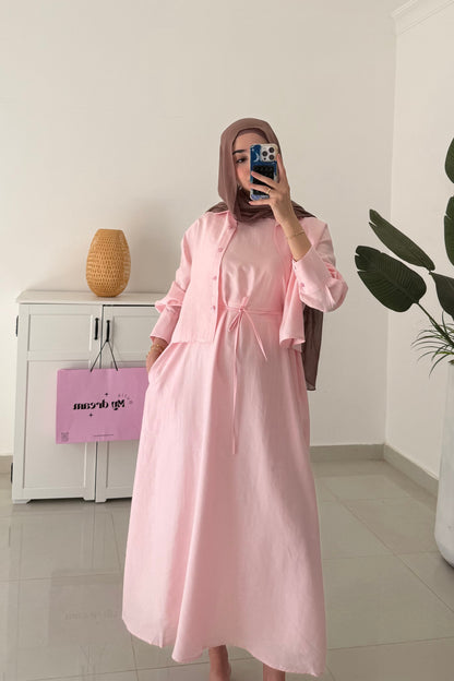 Belted Dress with Cropped Short-Pink