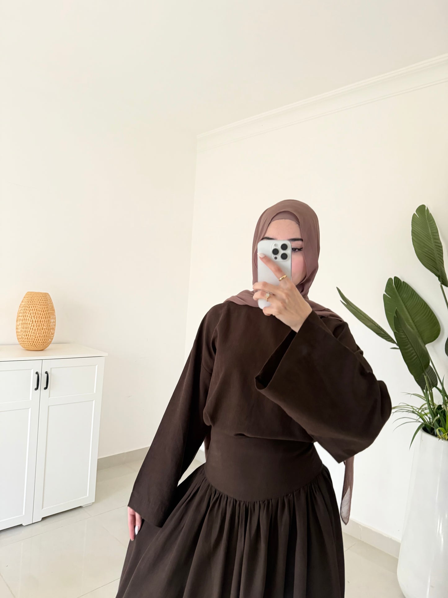 Drop Waist Linen Skirt Set- Brown