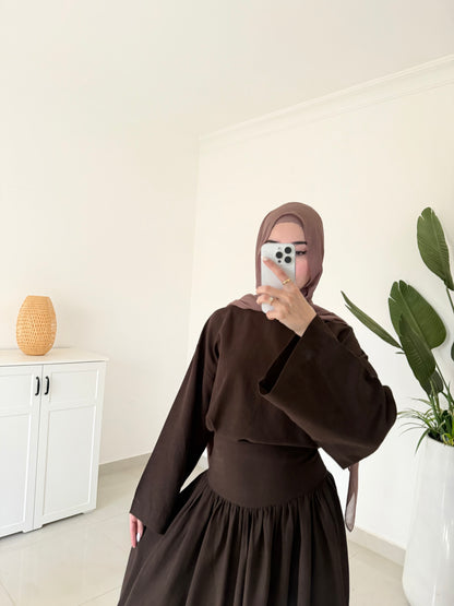Drop Waist Linen Skirt Set- Brown