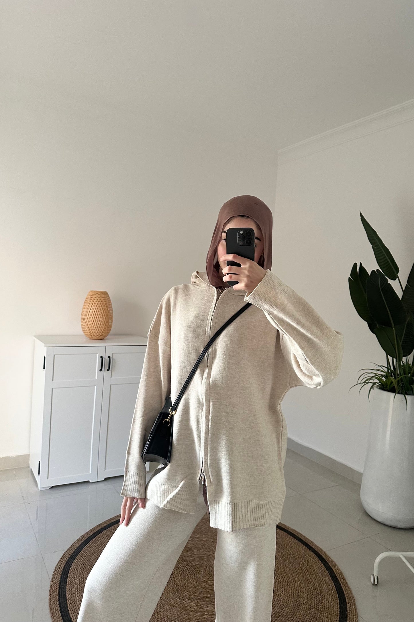 Knit Hooded Cardigan Set- Beige