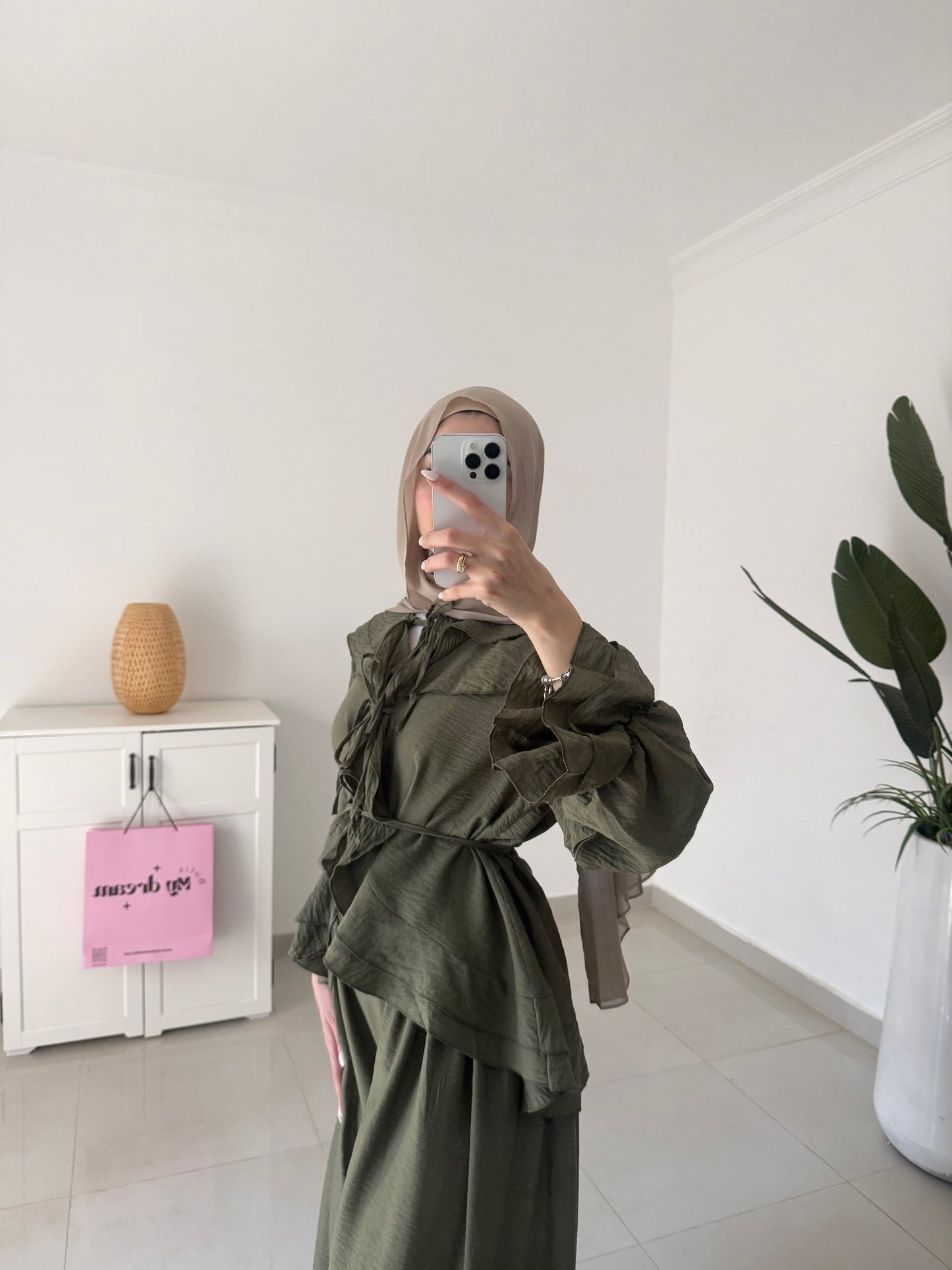 Ruffles Details Wide Leg Pants Set- Green