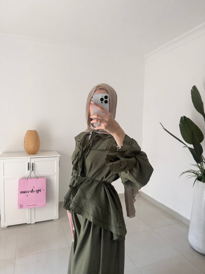 Ruffles Details Wide Leg Pants Set- Green