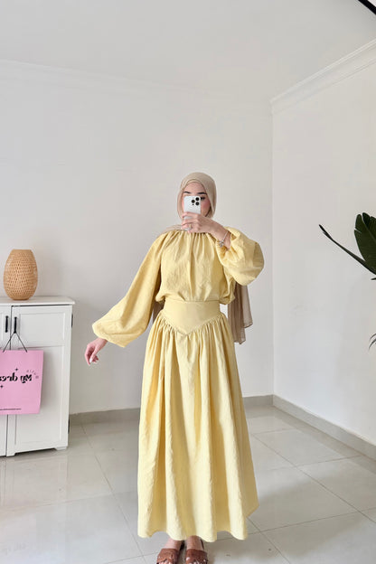 Lantern Sleeve Skirt Set- Yellow