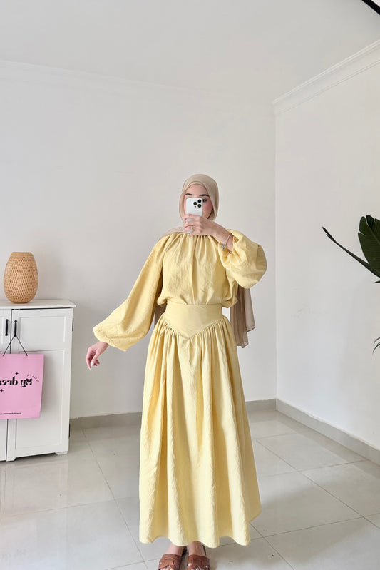 Lantern Sleeve Skirt Set- Yellow