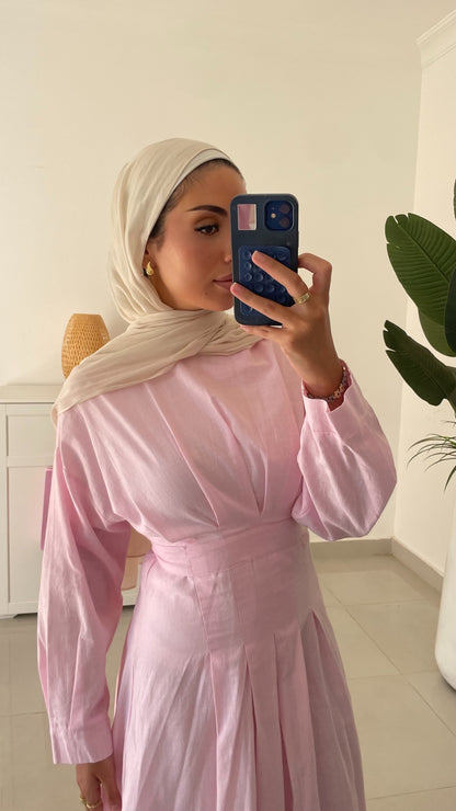 Linen Waisted Dress- Pink