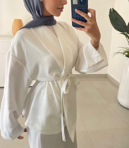 Belted Kimono Set-White