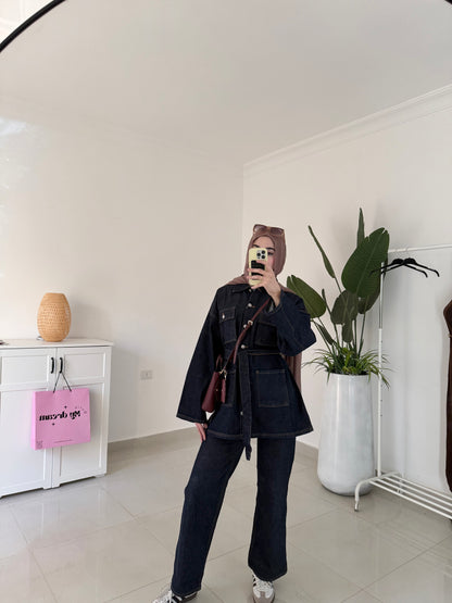 Belted Denim Set- Navy blue