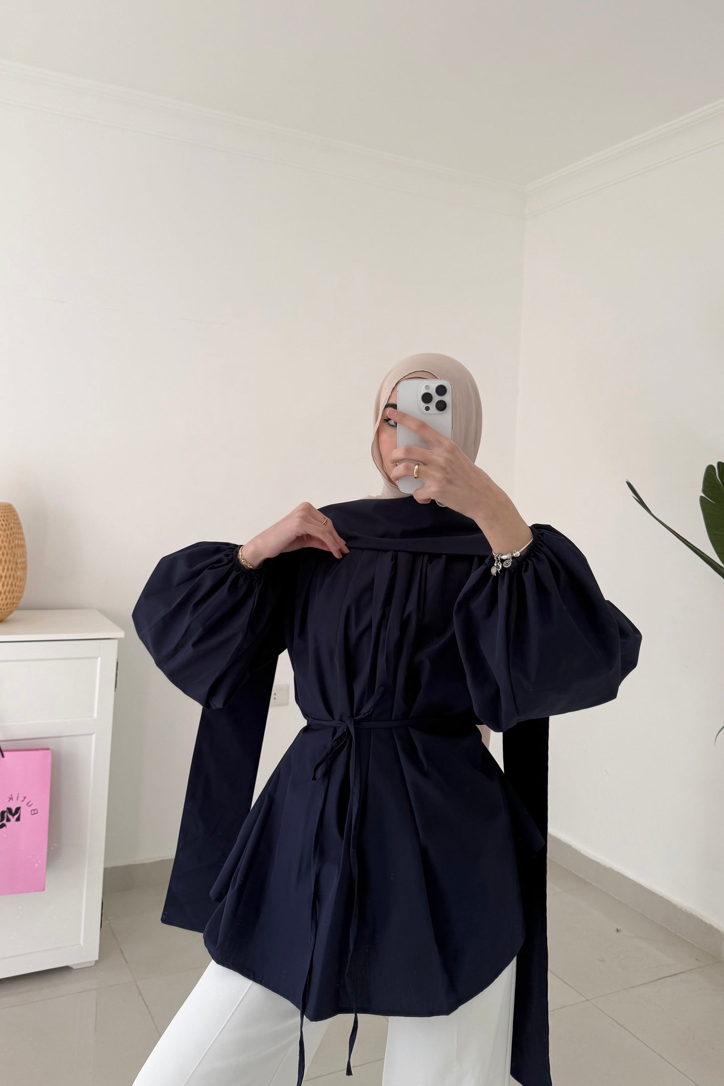 Poplin Sleeve Oversized top-Navy Blue