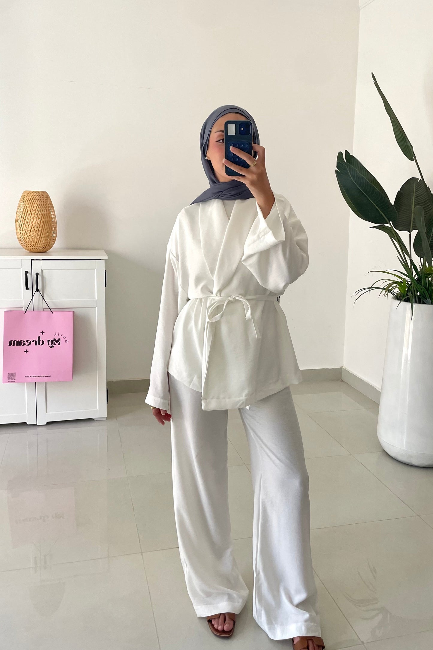 Belted Kimono Set-White