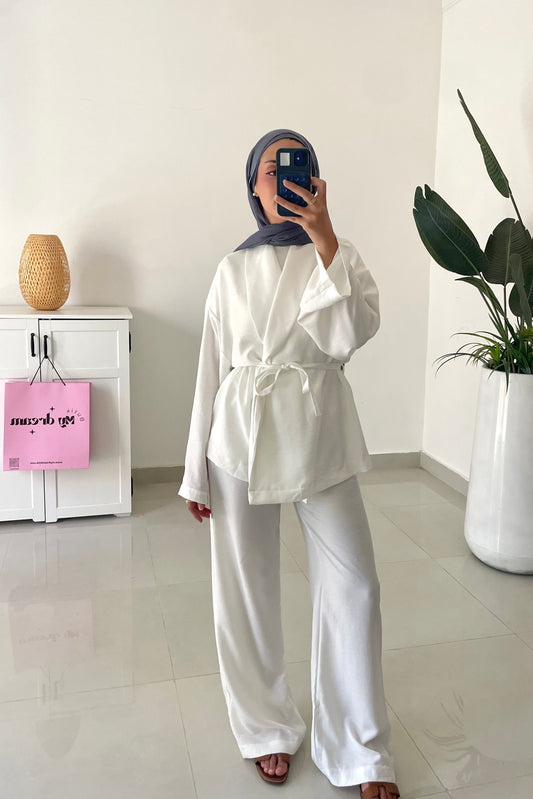 Belted Kimono Set-White