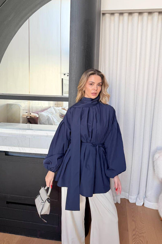Poplin Sleeve Oversized top-Navy Blue