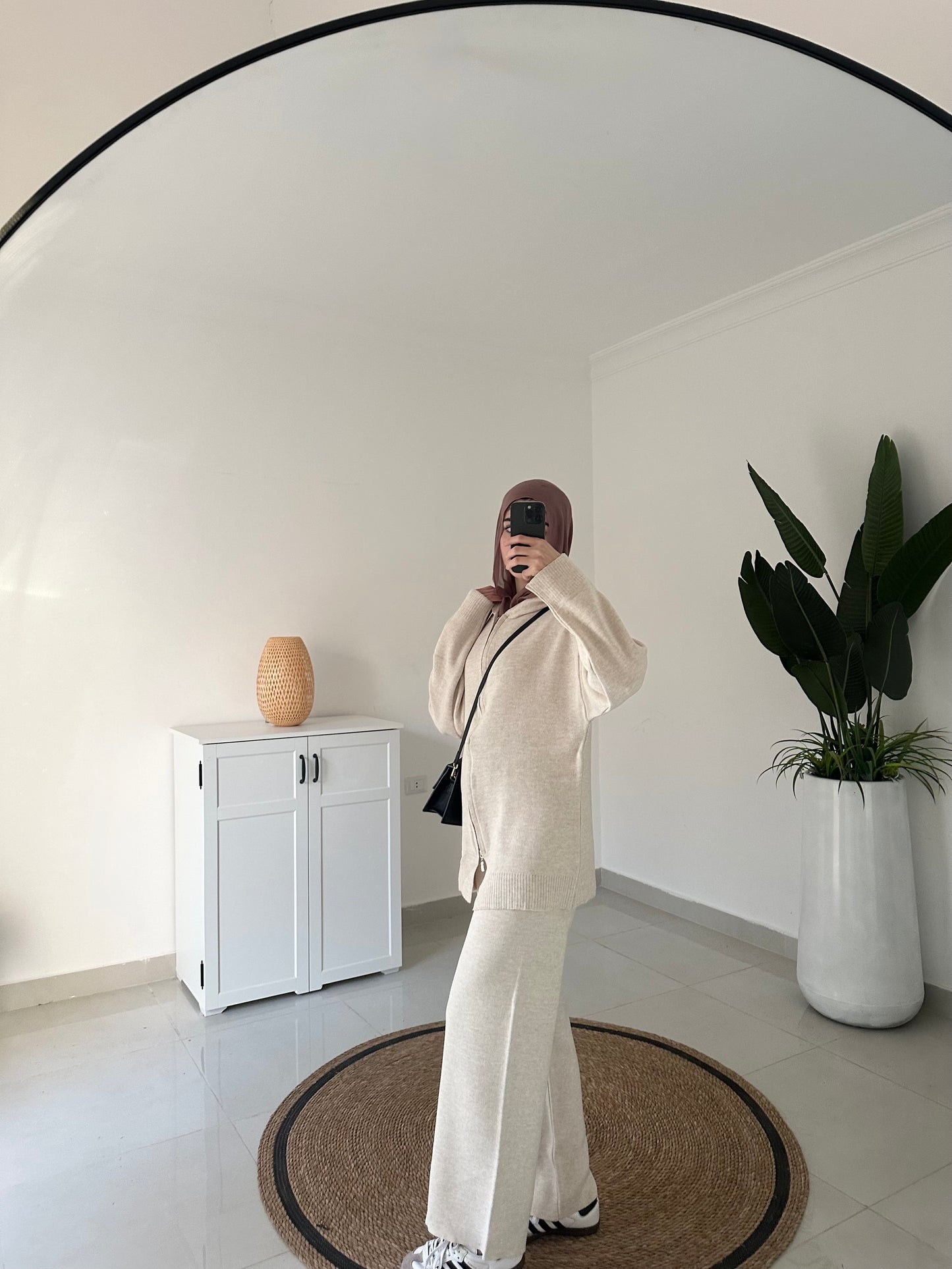 Knit Hooded Cardigan Set- Beige