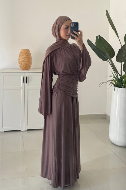 Drape Waist Maxi Dress-Brown