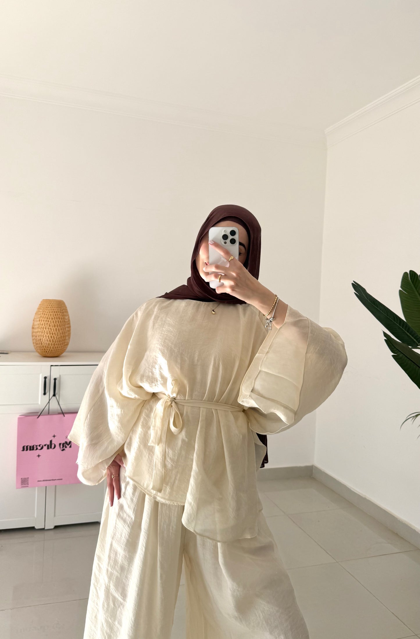 Reem Belted Pants Set- Yellowish beige