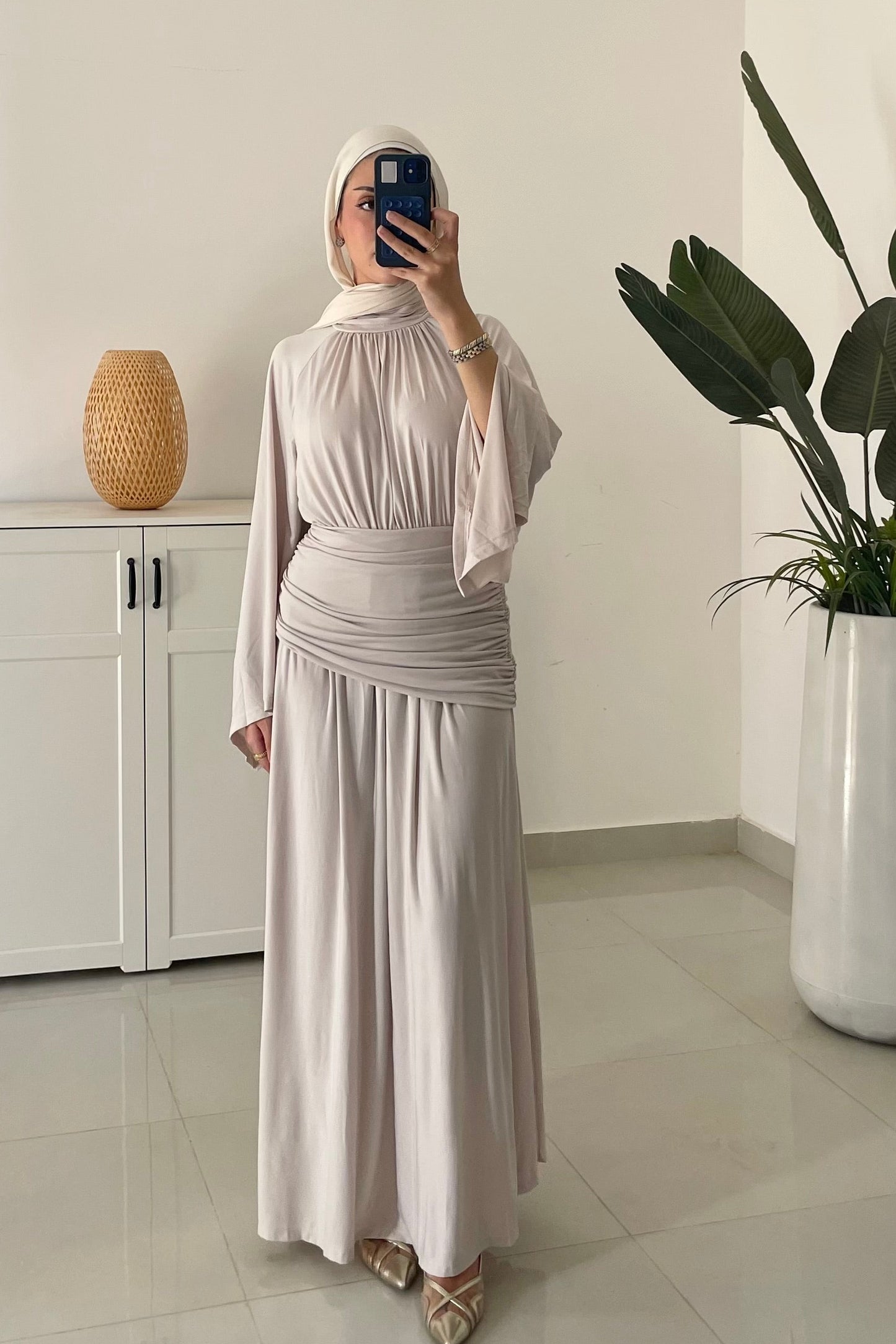 Drape Waist Maxi Dress-Beige