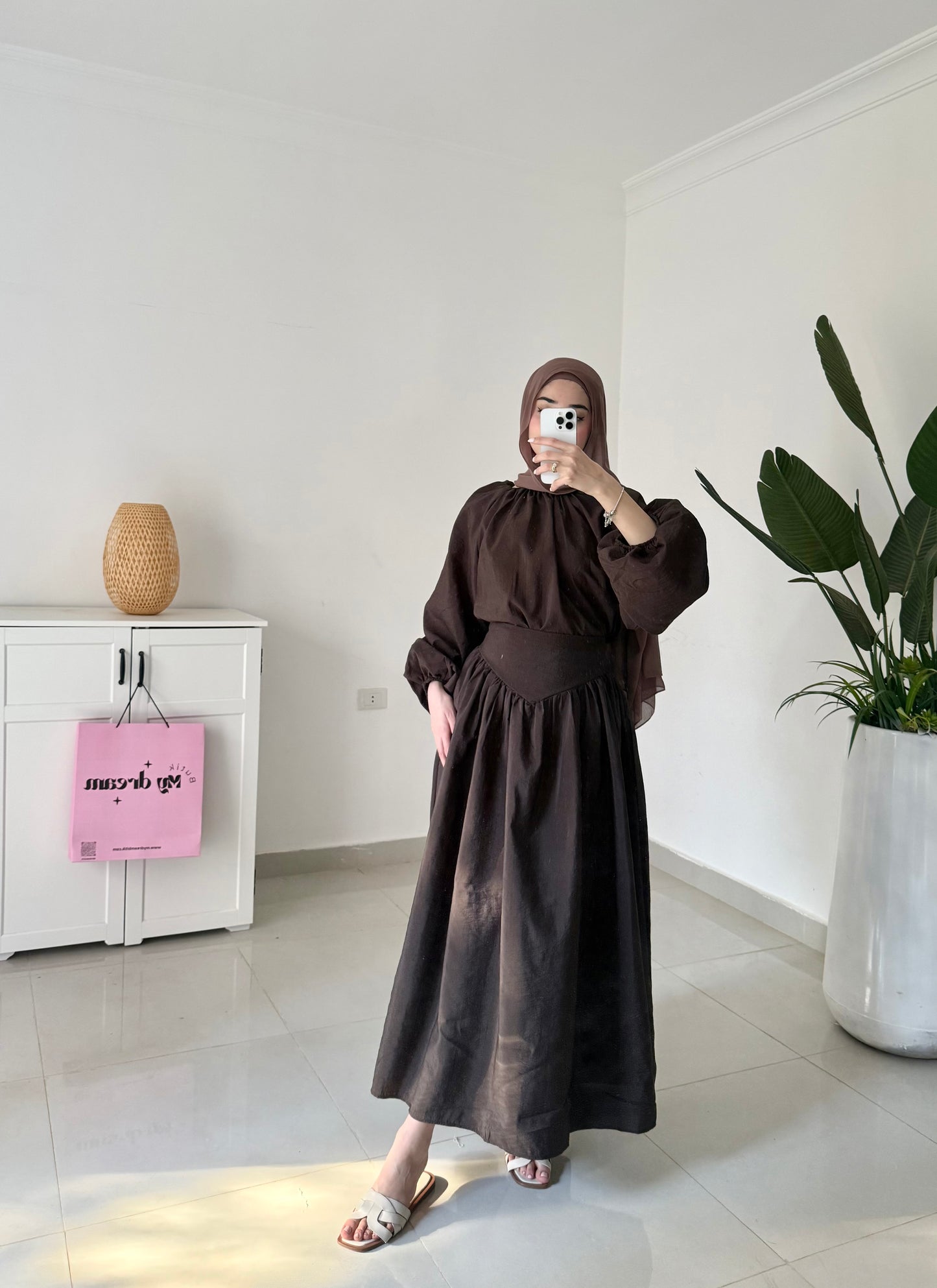 Lantern Sleeve Skirt Set- Brown