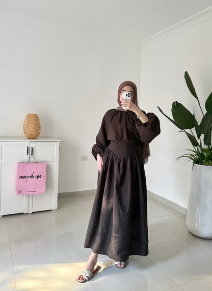 Lantern Sleeve Skirt Set- Brown