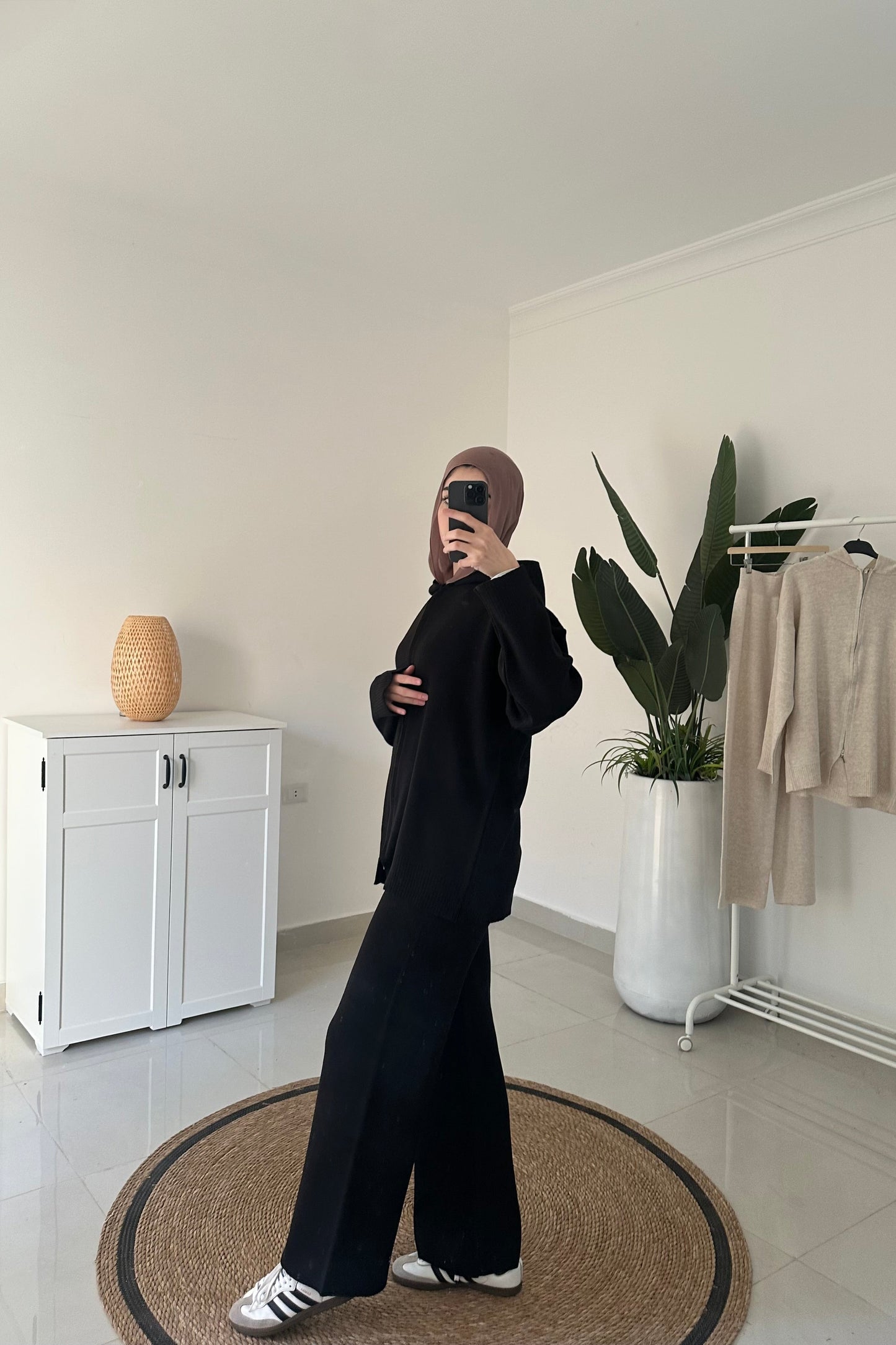 Knit Hooded Cardigan Set- Black