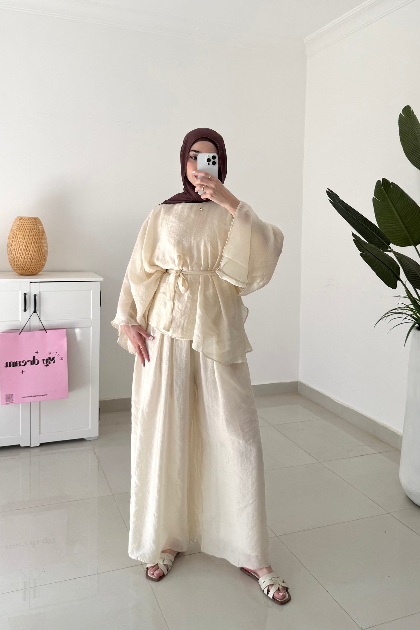 Reem Belted Pants Set- Yellowish beige