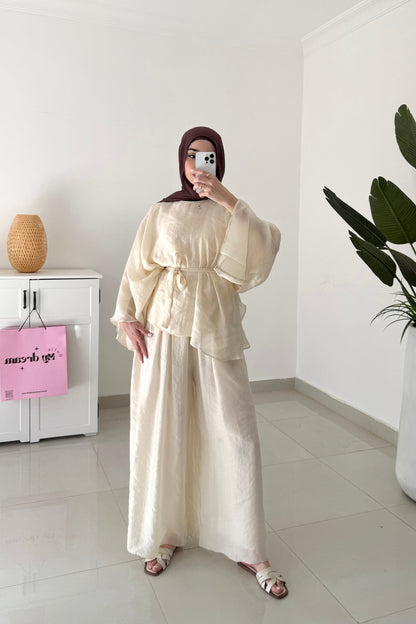 Reem Belted Pants Set- Yellowish beige