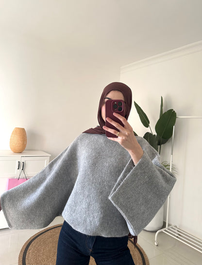 Batwing Sleeve Oversized Sweater- Light Gray