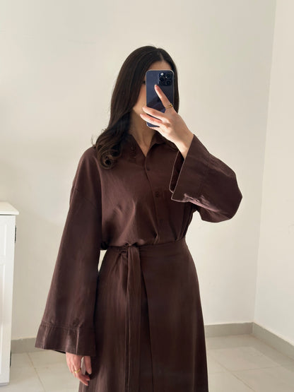 Linen Tie Skirt Set- Brown