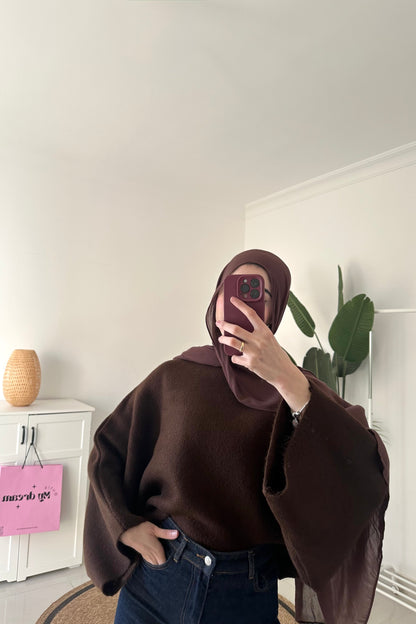 Batwing Sleeve Oversized Sweater- Brown
