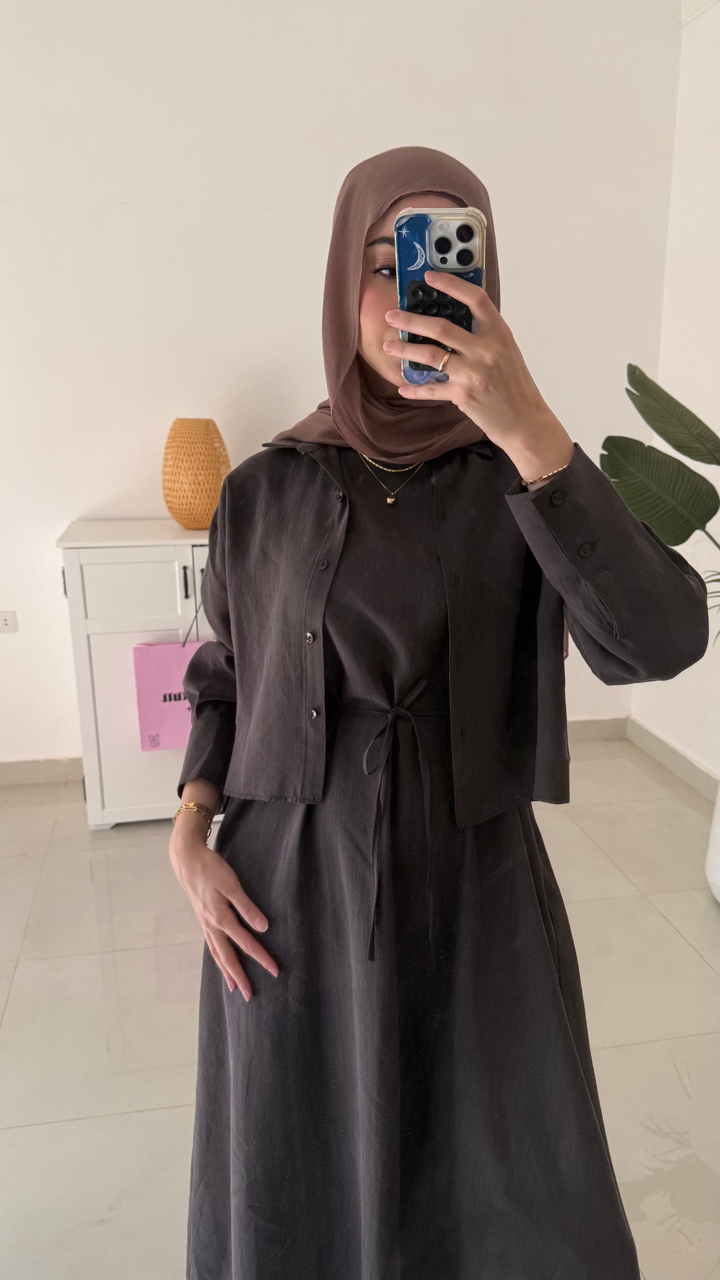 Belted Dress with Cropped Short- Brown