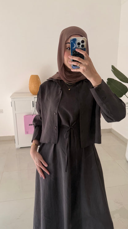 Belted Dress with Cropped Short- Brown