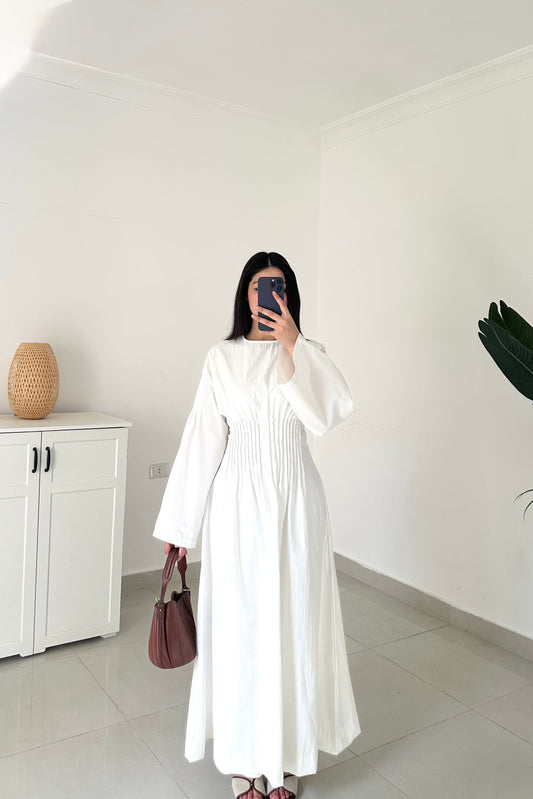 Pleated Waist Belted Dress-White