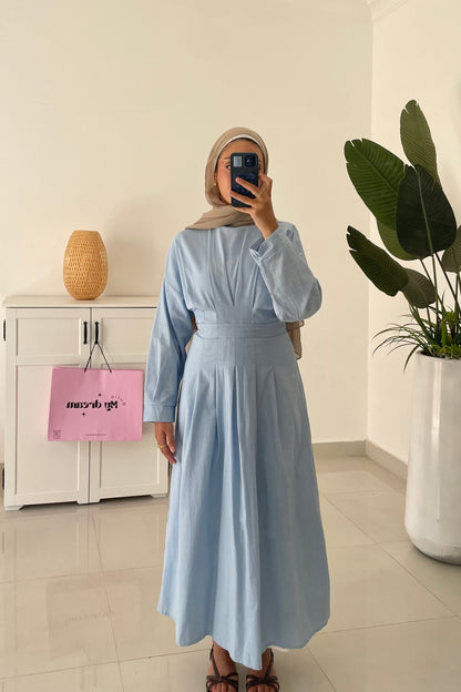 Linen Waisted Dress- Blue