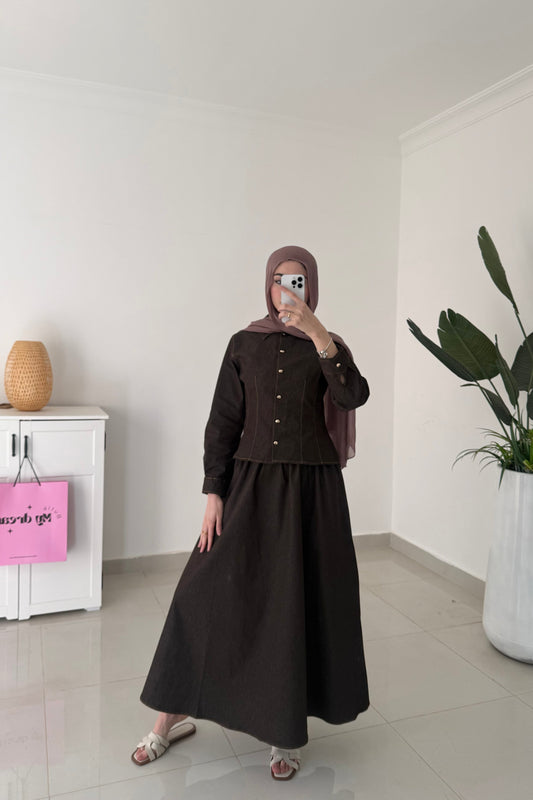 Denim Skirt Set- Brown