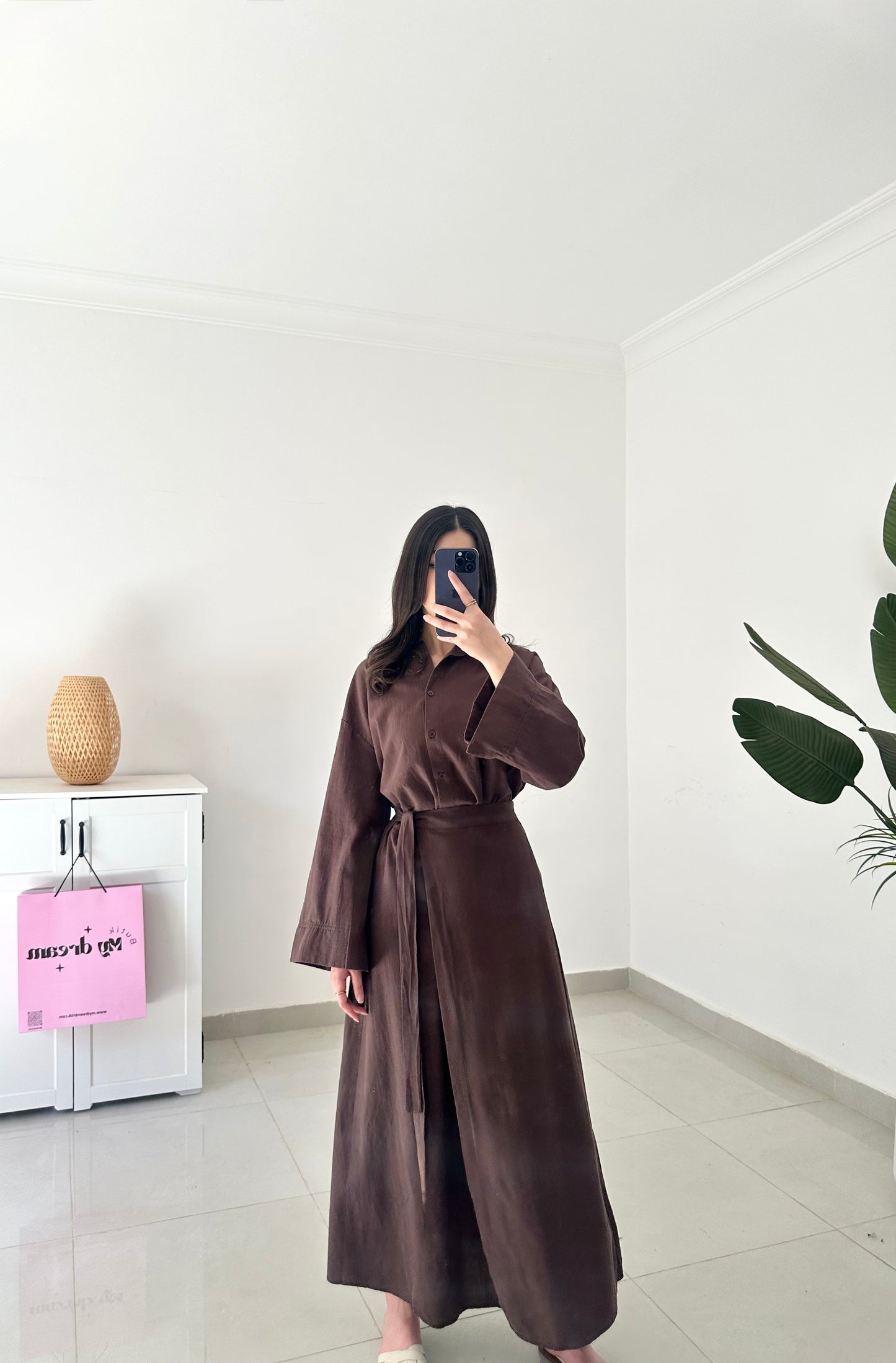Linen Tie Skirt Set- Brown