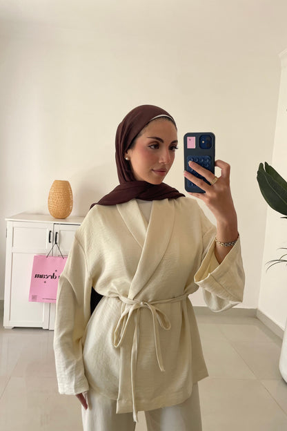 Belted Kimono Set- Yellowish Beige