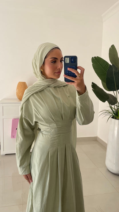Waisted Linen Dress- Green